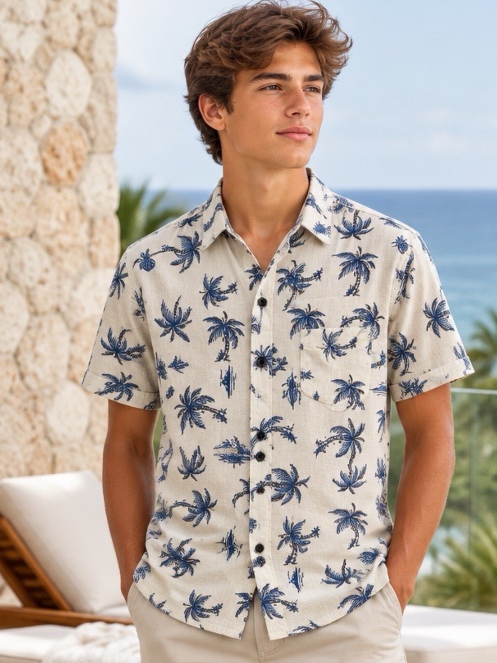 Katin Kingston Boys Palm Tree Linen Blend Button Up Shirt L 14-16